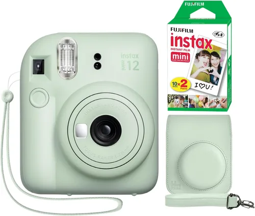Fujifilm Instax Mini 12 Cámara instantánea + Estuche personalizado Minimate + Paquete doble de hojas de película Fuji Instax 20 hojas (Verde menta)