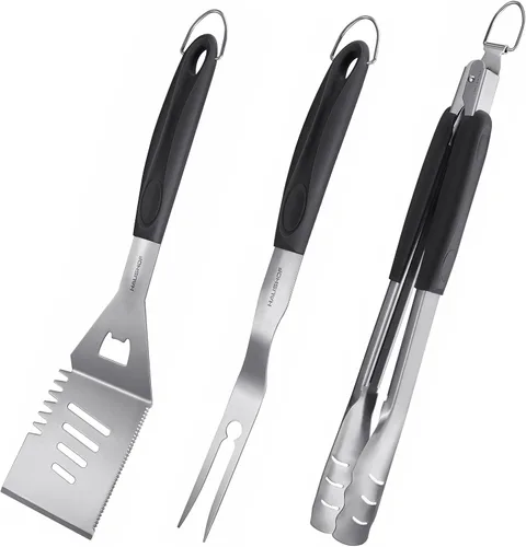 HAUSHOF Accesorios para Parrilla Grandes de Servicio Pesado, Juego de Barbacoa, Regalos para Hombres y Mujeres - Espátula, Tenedor y Pinzas de Acero