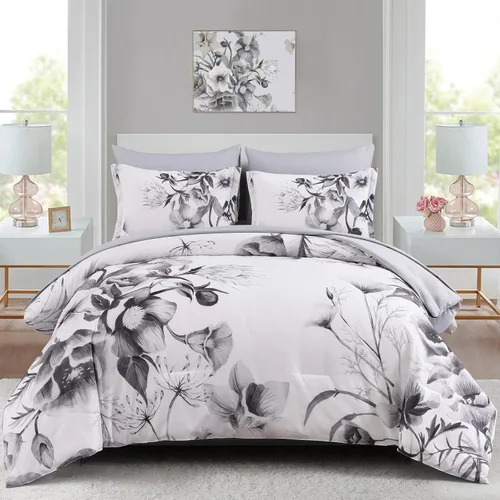 Miniatura 13 de Luxudecor Juego de edredón floral tamaño King de 7 piezas, cama de flores azul marino en una bolsa, elegante edredón floral con juego de sábanas