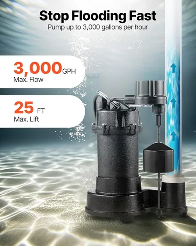 Miniatura 3 de VEVOR Bomba sumergible para aguas residuales, 1/3 HP, bomba de aguas residuales/efluentes de hierro fundido de 3000 GPH con interruptor flotador