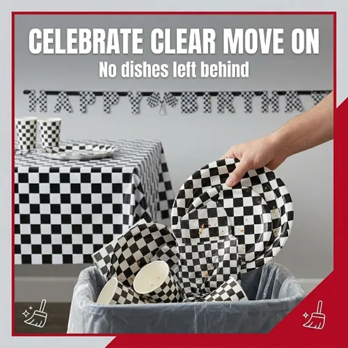 Miniatura 3 de Sirve para 30 Paquete esencial de fiesta Cuadros en blanco y negro Platos de papel de cena de 9 pulgadas Platos de papel de postre de 7