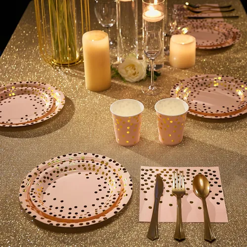 Miniatura 5 de Suministros de fiesta rosa y dorado, juego de vajilla desechable de 350 piezas, platos de papel rosa, servilletas, vasos, tenedores de plástico Rosa
