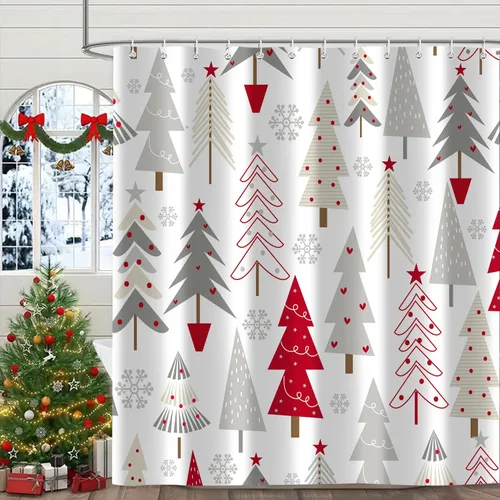 Miniatura 11 de Cortina de ducha de Feliz Navidad, trineo de Papá Noel, reno, copo de nieve, vacaciones, cuadros rojos y verdes, juego de cortinas de ducha