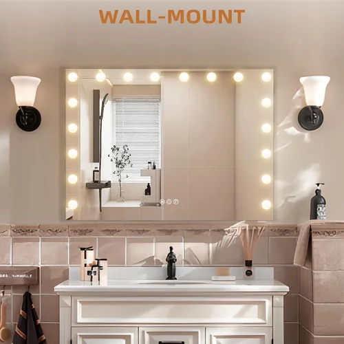 Miniatura 7 de Hansong 32x23'' Espejo grande de tocador con control de selfie Bluetooth, espejo ultra delgado estilo Hollywood con 18 bombillas, espejo