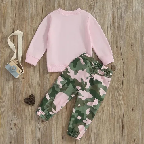 Miniatura 67 de Mandizy Conjunto de ropa de otoño para bebé niña pequeña, sudadera de manga larga con estampado de letras bendecidas, pantalones de camuflaje