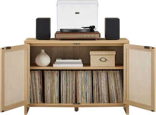 Miniatura 13 de Crosley Furniture Kenji - Armario para tocadiscos con almacenamiento de vinilo, soporte multimedia, organizador moderno para el hogar