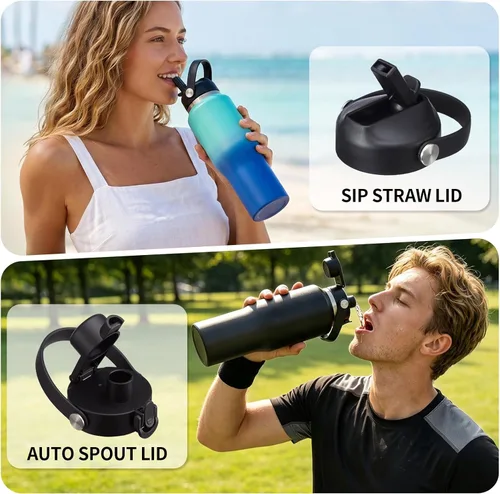 Miniatura 6 de Botella de agua de acero inoxidable de 32 onzas, frío-48 horas y caliente-24 horas, termo con popote y tapas de boquilla, bolsa, botella aislada al