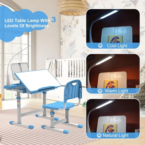 Miniatura 8 de BELANITAS Juego de escritorio y silla para niños, escritorio escolar de altura ajustable para niños, inclinable de 40 grados con 3 modos de luz