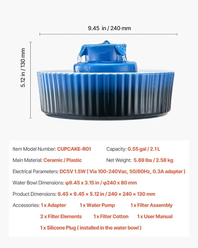 Miniatura 7 de VEVOR - Fuente de agua de cerámica para gatos, fuente de agua VEVOR de 2.1L/71 onzas, dispensador de agua de porcelana, bomba ultrasilenciosa, área