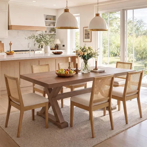 Miniatura 14 de HNY Juego de 2 sillas de comedor de ratán estilo granja, marco de madera maciza negra, asiento tapizado de lino, sillas de comedor ergonómicas