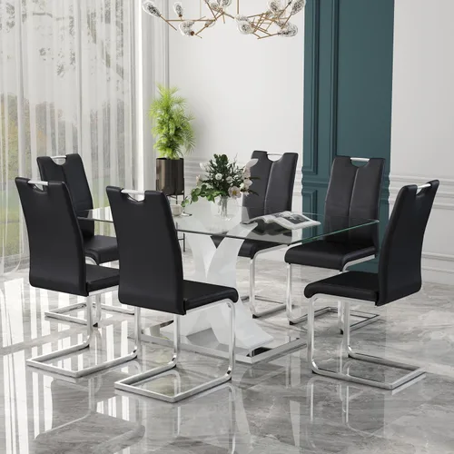 Miniatura 17 de Juego de comedor moderno de vidrio de lujo de 5 piezas, juego de cena rectangular minimalista grande para 4, juego de mesa de cocina de vidrio