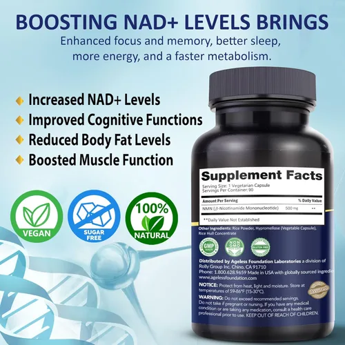 Miniatura 4 de Suplemento NMN de 500 mg, mononucleótido de nicotinamida 99% puro, aumenta los niveles de NAD+, apoya la energía, masa corporal magra