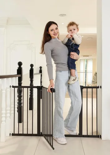 Miniatura 13 de Puerta de seguridad para bebés y mascotas de 29"-57", puerta de metal de 30" de alto con paso para puertas y escaleras, fácil de abrir con una sola