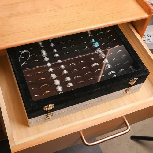 Miniatura 6 de Frebeauty Bandeja organizadora de anillos con 100 ranuras para anillos con tapa transparente, caja de almacenamiento de anillos de terciopelo