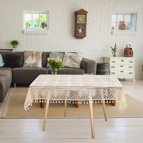 Miniatura 2 de VOSAREA 1 mantel de punto de yute, rectangular, para mesa vintage, boda, arpillera, camino de mesa con borla de poliéster para piano hueco, 1 ud