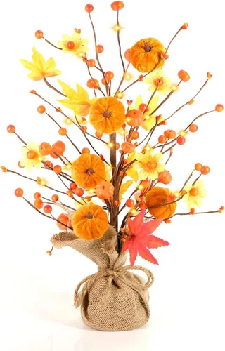 Decoraciones de otoño para el hogar, 1 paquete de 24 pulgadas de árbol artificial de hojas de arce con luces para mesa, Acción de Gracias, cosecha