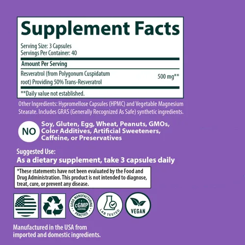 Miniatura 9 de Sanar Naturals Resveratrol 500mg Suplemento de resveratrol trans para un envejecimiento saludable, función cognitiva y salud cardíaca Soporte