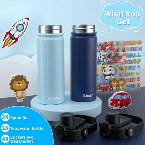 Miniatura 7 de baab Botella de Agua para Niños de 18 oz, Botella de Agua Aislada para Niños con Tapa de Boquilla Bloqueable y Calcomanías, Taza de Agua para Niños