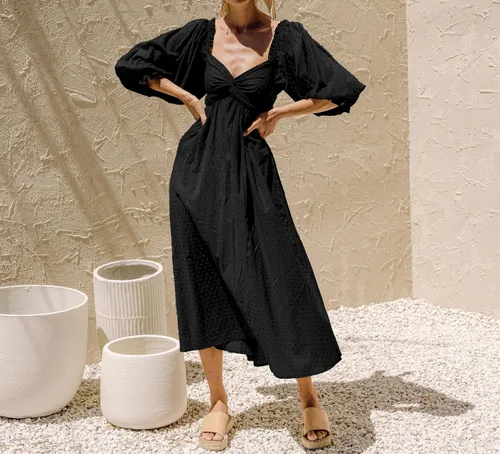 Miniatura 2 de R.Vivimos Vestido de verano bohemio de algodón con mangas abombadas y lunares suizos con cordones fruncidos, casual, acampanado, vestido por debajo
