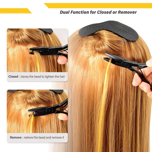 Miniatura 4 de Gomake Juego de extensiones de cabello cerradas y removedoras de alicates, micro anillos de silicona, extensiones de cabello, aguja de bucle, Negro