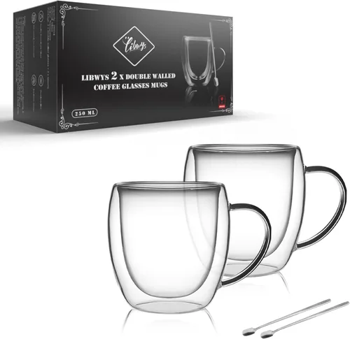 Miniatura 7 de LIBWYS Paquete de 6 Tazas de Café de Vidrio de Doble Pared, Tazas de 12oz para Espresso Cappuccino Latte Té con Asa, Vasos Transparentes