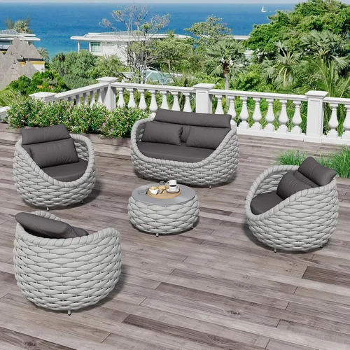 Miniatura 12 de Juego de muebles de patio de 4 piezas ensamblado, conjunto de sofá de conversación para exteriores de cuerda tejida a mano - Sofá de aluminio Cuerda