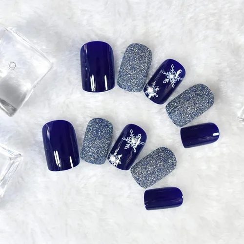 Miniatura 5 de ELEVENAIL Uñas postizas a presión de Navidad con purpurina azul oscuro, diseño de copo de nieve y diamantes de imitación de Navidad, longitud media
