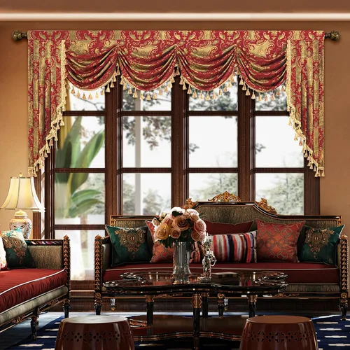 Miniatura 49 de Loom and Mill Cenefa de cascada de lujo de jacquard para sala de estar, elegantes cenefas de ventana con festones y cuentas damascadas, cortinas