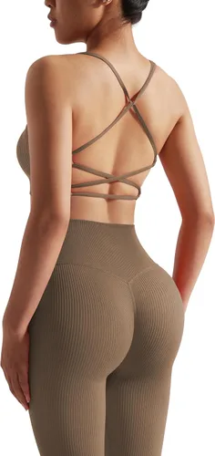 Miniatura 5 de OMKAGI Conjunto de entrenamiento acanalado para mujer, sin costuras, brasier deportivo con tiras y levantamiento de glúteos