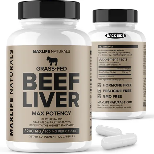 MaxLife Naturals Cápsulas de hígado de carne alimentada con pasto de 3200 mg – 120 cápsulas de suplemento de órgano de carne desecada para mujeres y