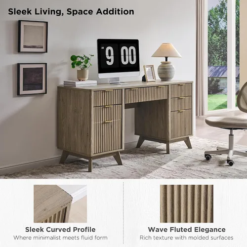 Miniatura 3 de T4TREAM Fluted Executive Desk with Drawers, 60" Modern Home Office Computer Desk with Charging Station, File Cabinet, Keyboard Tray and Storage