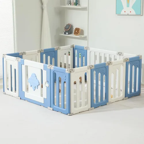 Bestgame - Corralito para bebés - 14 paneles extragrandes plegables para niños pequeños, valla portátil en forma de OVNI, puerta, patio - Azul