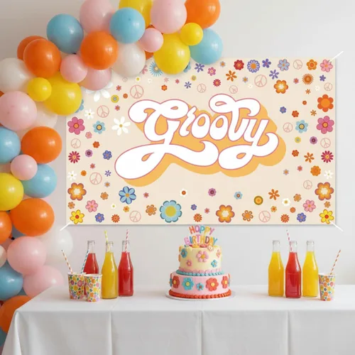 Miniatura 5 de Groovy - Pancarta de fondo para fiesta de cumpleaños, 6 x 3.6 pies, hippie para decoración de cumpleaños, diseño de margaritas, decoración bohemia