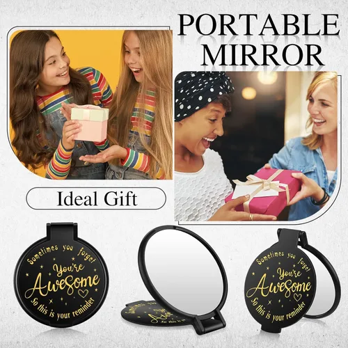 Miniatura 5 de Huwena 100 piezas de espejo compacto inspirador a granel, mini regalos para mujer, espejo redondo de bolsillo, regalos de agradecimiento para Negro