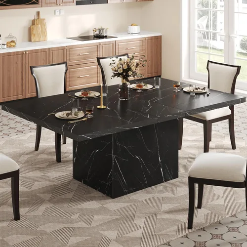 LVB Mesa de comedor para 6, 71 pulgadas, rectangular de mármol sintético negro, mesa de comedor moderna de madera de ingeniería industrial para