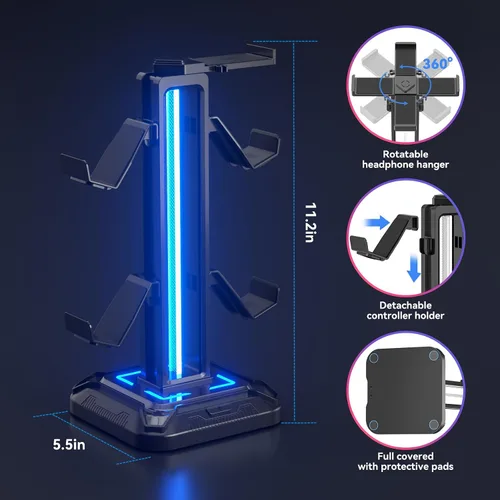 Miniatura 4 de KDD RGB Headset Stand with 9 Light Modes - Controller Holder for Desk - Rotatable Headphone Stand & Detachable Controller Hook for PC Earphone