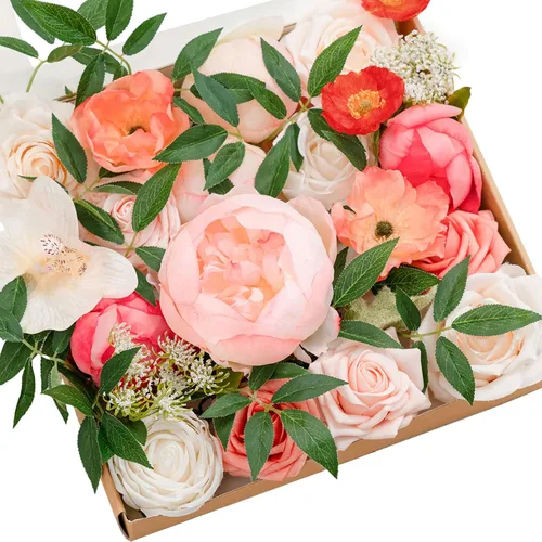 Miniatura 14 de Ling's moment Caja de Flores Falsas, Tallos de Vegetación Artificial Falsa, Rosas de Espuma, Gardenias, Hortensias de Seda, Ranúnculos, Flor de Tela