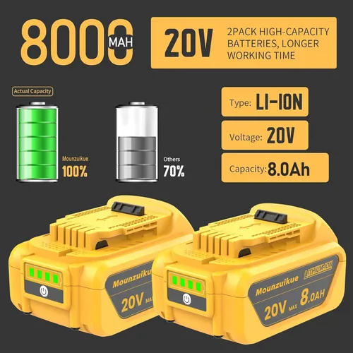 Miniatura 3 de Paquete de 2 baterías de litio de 8000 mAh de repuesto para Dewalt de 20 V compatibles con batería MAX de 20 voltios XR DCB200 DCB201 DCB203 DCB204