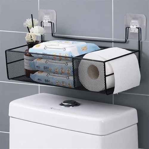 Miniatura 7 de Estantes de baño, organizador de baño de montaje en pared con 2 compartimentos, alambre de metal sin taladrar cesta organizadora para cuarto de Negro