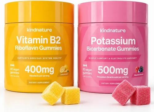 kindnature Vitamina B2 Riboflavina 400 mg y gomitas de potasio para adultos y niños - Suplemento de potasio 500 mg y riboflavina 400 mg gomitas