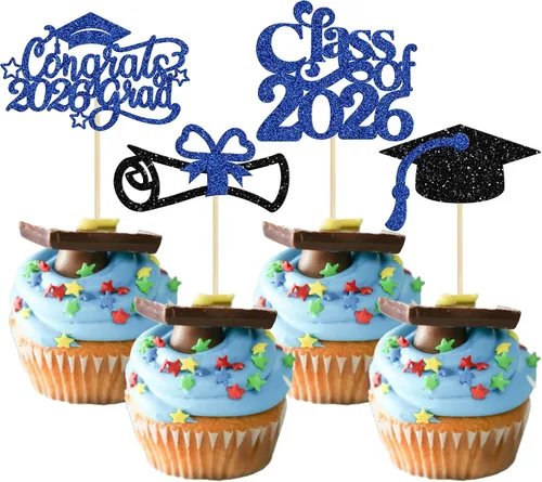 Miniatura 28 de Gyufise 24 piezas de decoración para cupcakes con purpurina para graduación 2026, decoración de pasteles para graduación 2026, decoración de Negro