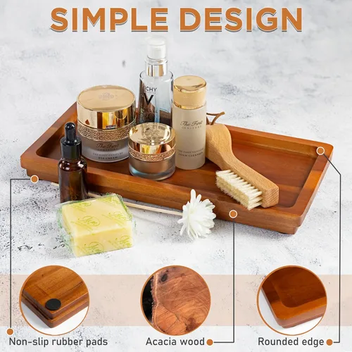 Miniatura 3 de Bandeja de tocador de baño de 11.8 x 5.9 pulgadas de madera de acacia natural, elegante organizador para cosméticos, joyas, perfumes, velas, llaves.