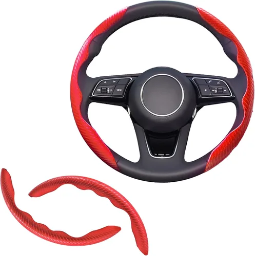 2 piezas Fundas de Volante de Fibra de Carbono de Ajuste Universal, Funda de Volante Antideslizante/Protector de Volante Segmentado/Accesorios Rojo