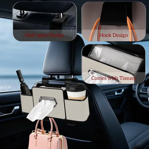 Miniatura 4 de Organizador de asiento trasero de automóvil con pañuelos, caja de pañuelos para el respaldo del asiento del automóvil y gancho de almacenamiento