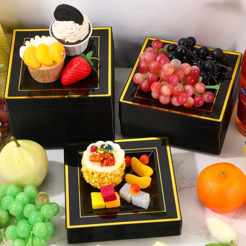 Miniatura 5 de 200 platos de plástico negro y dorado de 6.5 pulgadas, platos de postre cuadrados desechables para aperitivos, pasteles, ensalada, cubiertos