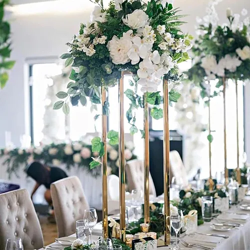 Miniatura 7 de 2 piezas de centro de mesa de boda jarrones dorados para mesas, soporte geométrico de flores de metal, 31.5 pulgadas de alto, florero de piso alto