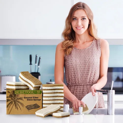 Miniatura 5 de DEBETOOL Paquete de 14 esponjas de cocina naturales, esponjas ecológicas para cocina, esponja biodegradable de celulosa y coco, esponja de limpieza