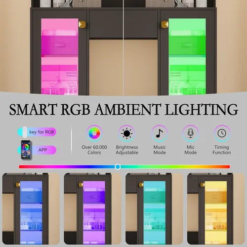 Miniatura 3 de Mesa de tocador con espejo y luces, pequeña mesa de maquillaje con gabinete de almacenamiento RGB y regletas de alimentación y estantes, 3 modos