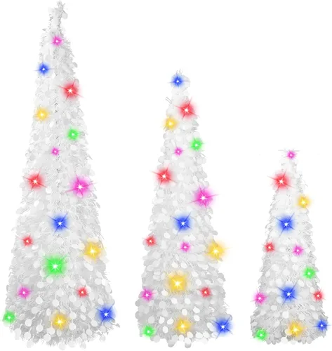 Miniatura 14 de MACTING Árbol de Navidad desplegable con 50 luces LED con temporizador, 5 pies, árbol de lápiz de oropel plegable de fácil montaje, árbol artificial
