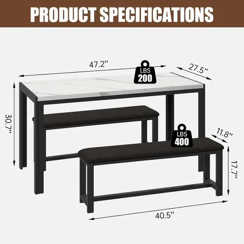 Miniatura 7 de Recaceik Juego de mesa de comedor para 4 personas con bancos tapizados de piel sintética, juego de mesa de comedor de mármol sintético para 4-6